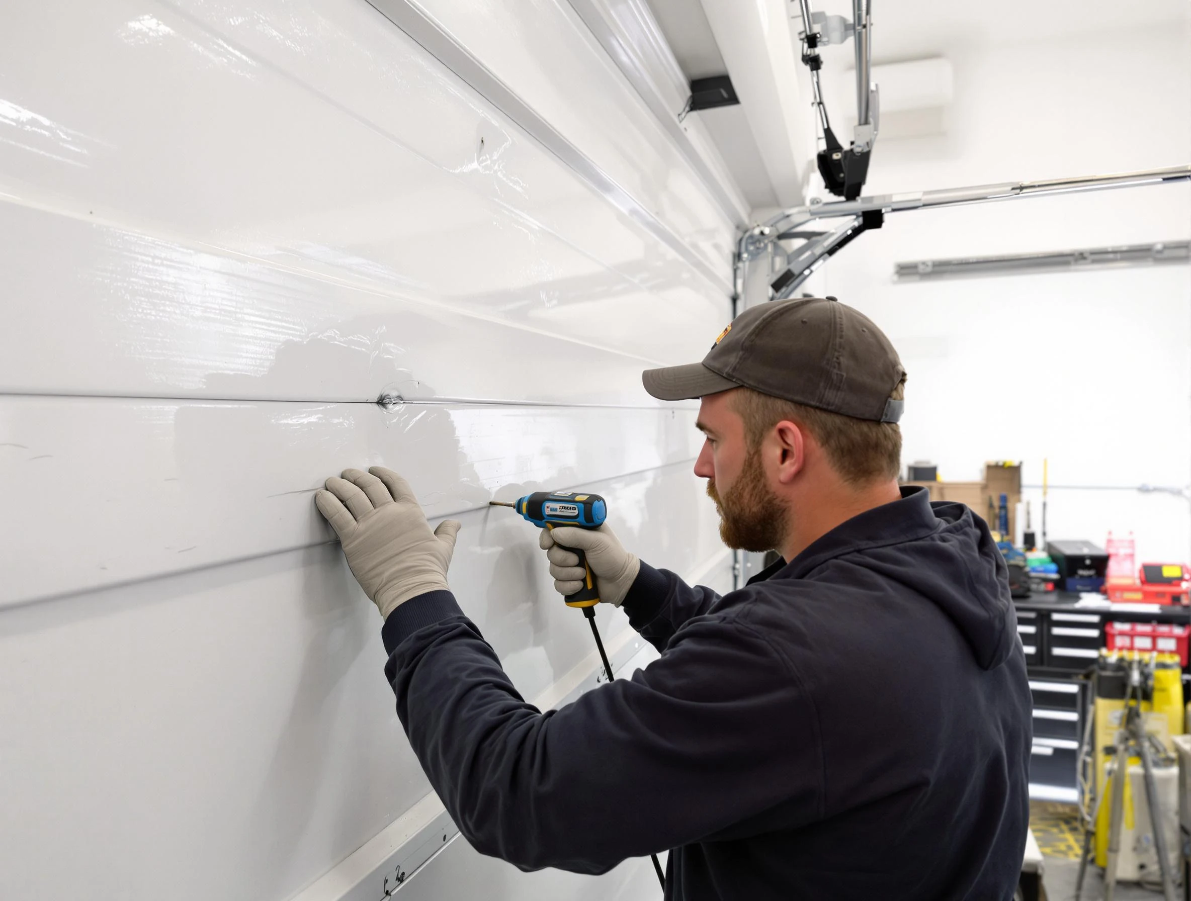 Tolleson Garage Door Repair technician demonstrating precision dent removal techniques on a Tolleson garage door